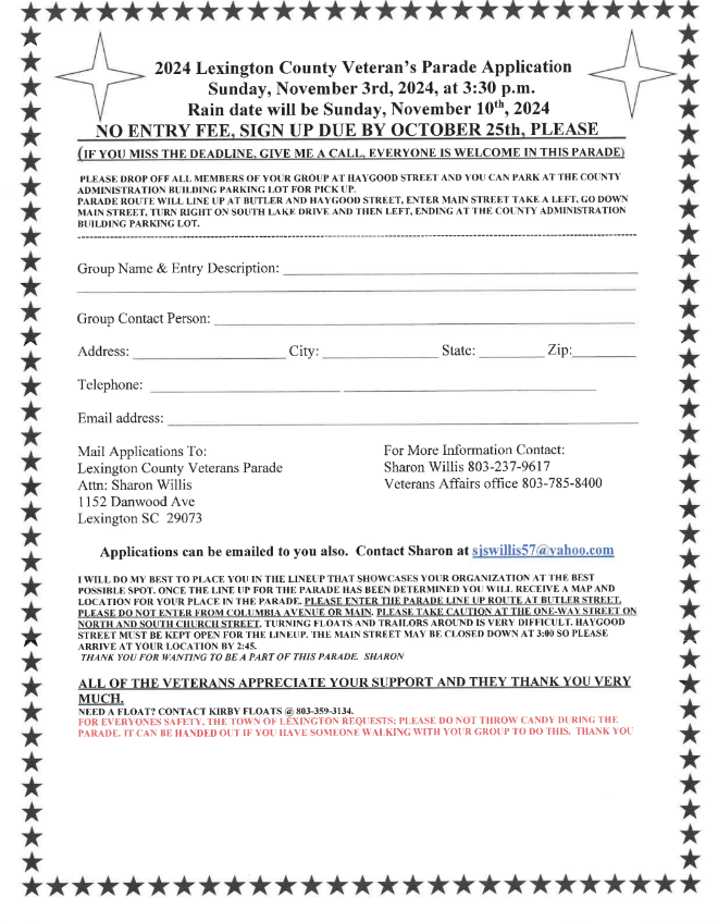 Sign Up Form for 2024 Lexington County Veterans Parade